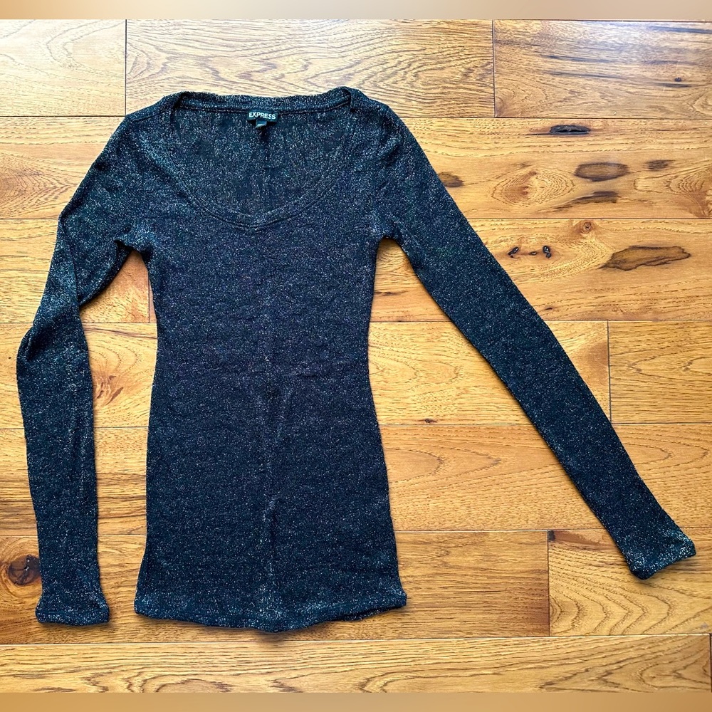 Women’s Express Sheer Black And Gold Long Sleeve T Shirt Top Size XS